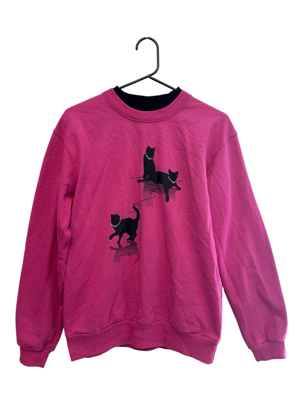 Vintage 90s Morning Sun Pink Crewneck Sweatshirt with Fancy Black Cat Graphic S